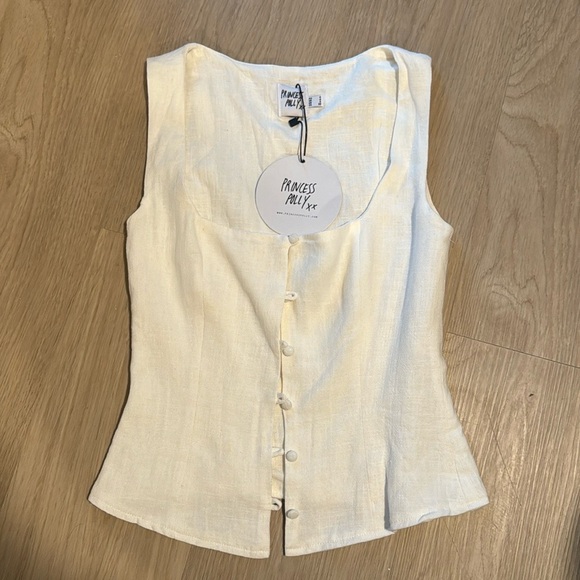 Sz0 NEW Princess Polly ZENDA LINEN BLEND TOP OFF WHITE - Picture 2 of 2